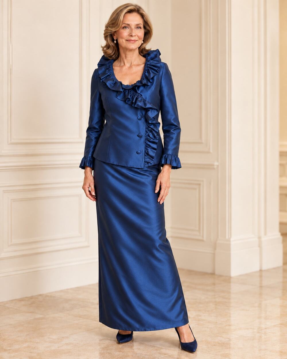 Rickie Freeman Teri Jon Silk Taffeta Ruffle Jacket Maxi Skirt Set Sapphire 4
